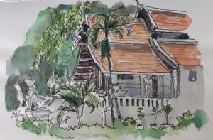 Watercolour sketch of temple, Chiang Mai