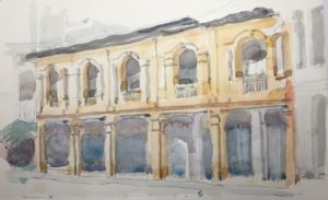 Watercolour sketch, Savannakhet shophouses
