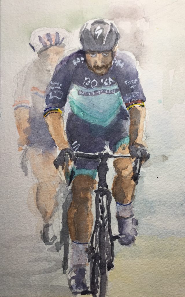Watercolour sketch of cyclist Peter Sagan at the Giro d'Italia race 2020