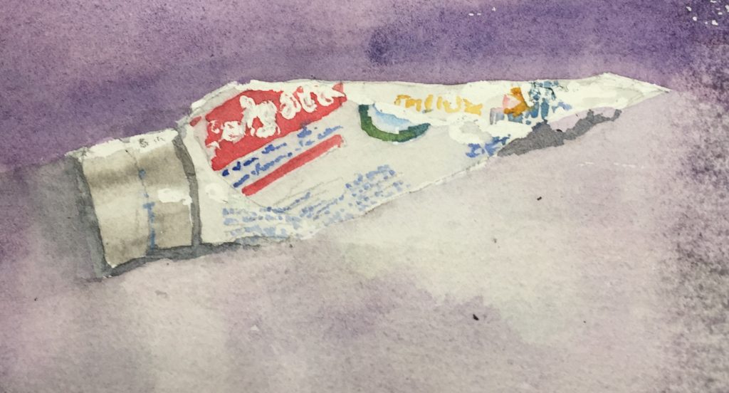 #Washtober2020 watercolour challenge of a tube of toothpaste featuring Thai language