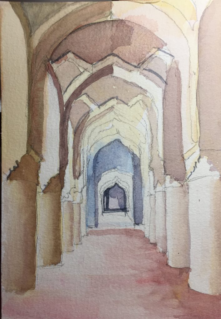 #Washtober2020 watercolour challenge; painting of receding pillars in an Indian mosque by Ann Williams