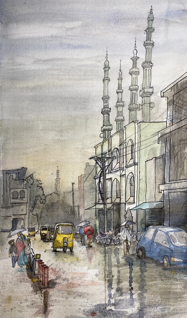 Pen and watercolour sketch of the city of Hyderabad, India, on a rainy day. Artist: Ann Williams