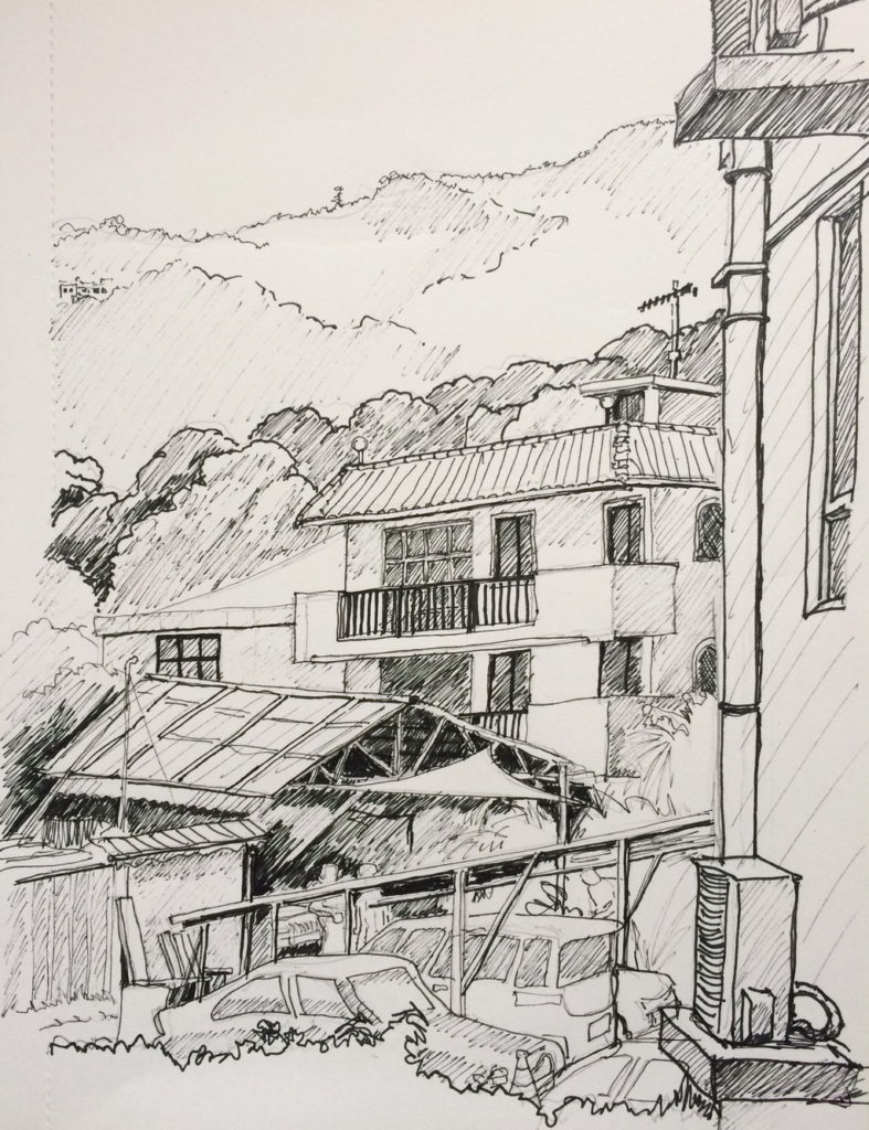 Pencil and pen drawing of part of Sha Kok Mei village, Sai Kung, Hong Kong. By Ann Williams
