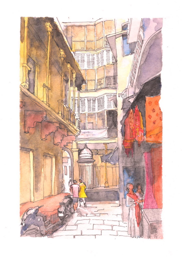 Ink and watercolour sketch of back streets of Varanasi, India, by Ann Williams